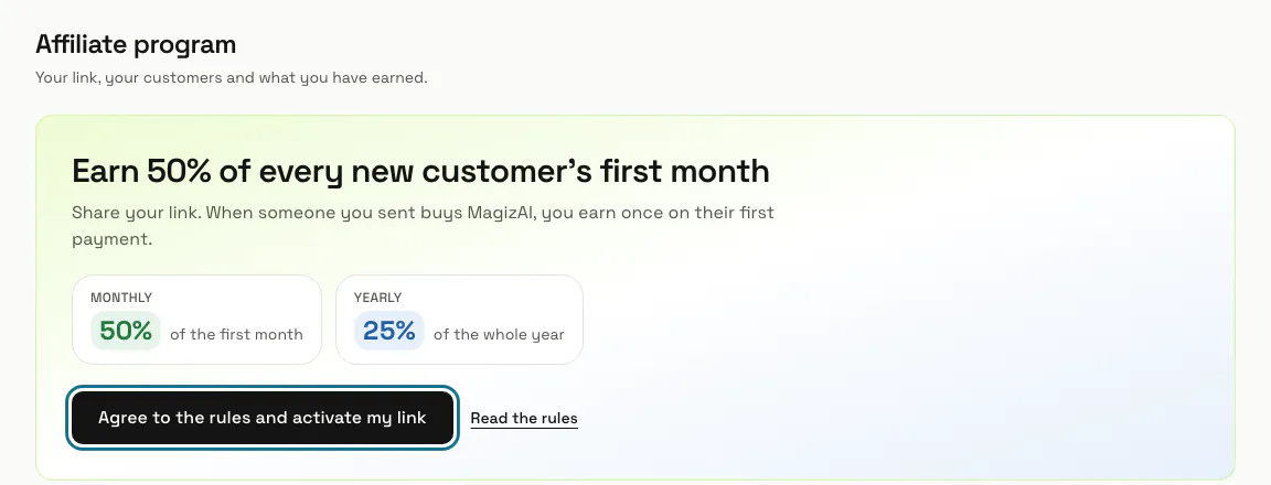 The Affiliate page before joining, with the rates and the Agree to the rules and activate my link button outlined