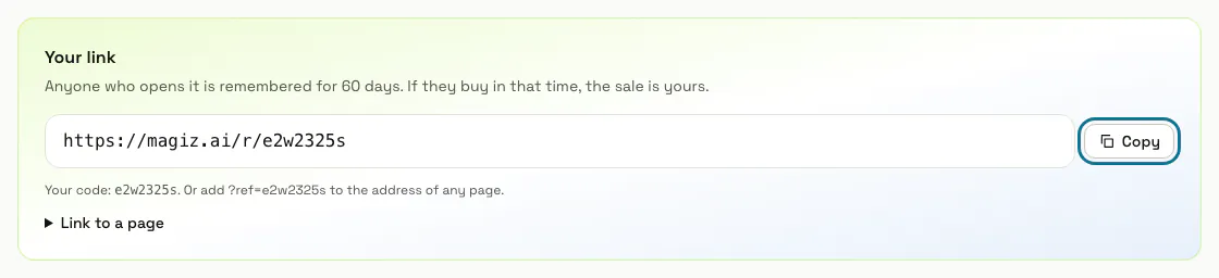The Your link panel with the affiliate link and its Copy button outlined