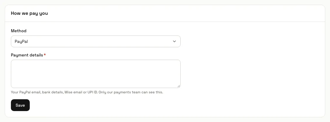 The How we pay you panel with the payout method and the payment details field