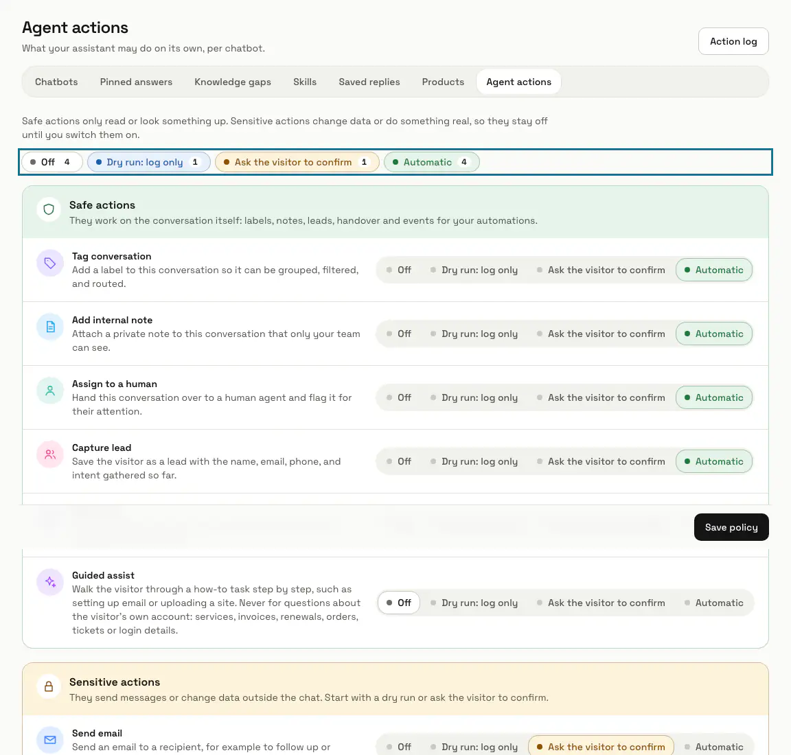 The Agent actions page for Lumen Assistant with the number of actions in each mode outlined, above the Safe actions group