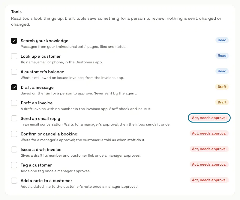 The Tools list of the agent form with read, draft and act tools, and the first "Act, needs approval" badge outlined