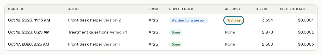 The Runs list with three runs of two agents, one of them waiting for approval