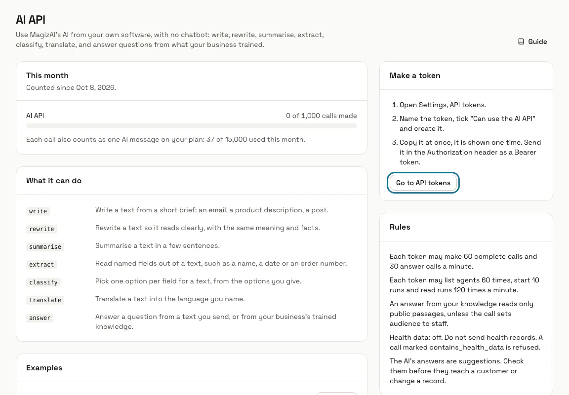 The side of the AI API page with the token steps, the rules and the error codes, and "Go to API tokens" outlined