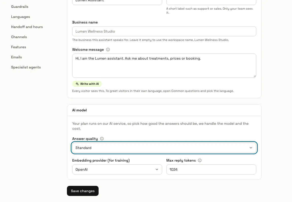 The General settings of Lumen Assistant with the Answer quality list outlined