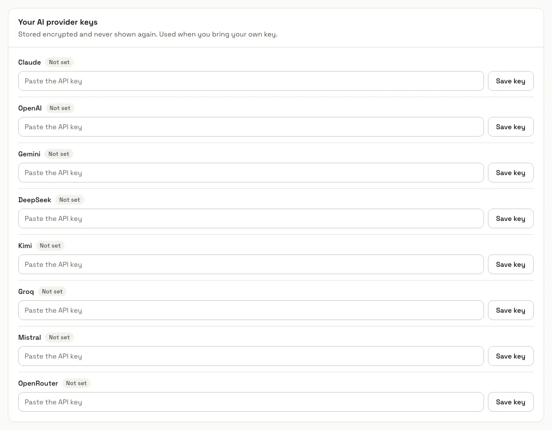 The Your AI provider keys panel with a row for each provider and its Save key button