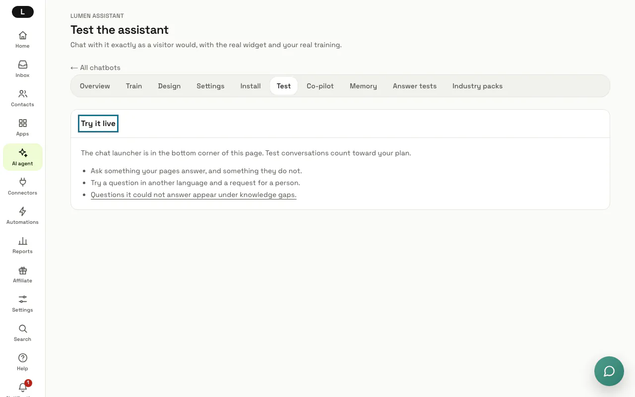 The Test the assistant page for Lumen Assistant, with the "Try it live" box outlined and the chat launcher in the bottom corner