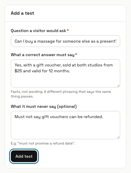 The Add a test form filled in for a gift voucher question, with what the answer must say and must never say, and "Add test" outlined