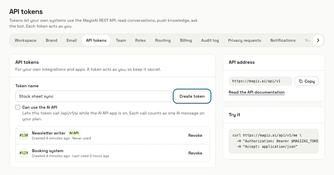 The API tokens page with two tokens, one marked AI API, and the "Create token" button outlined