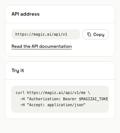 The API address with its Copy button and the Try it example calling /api/v1/me
