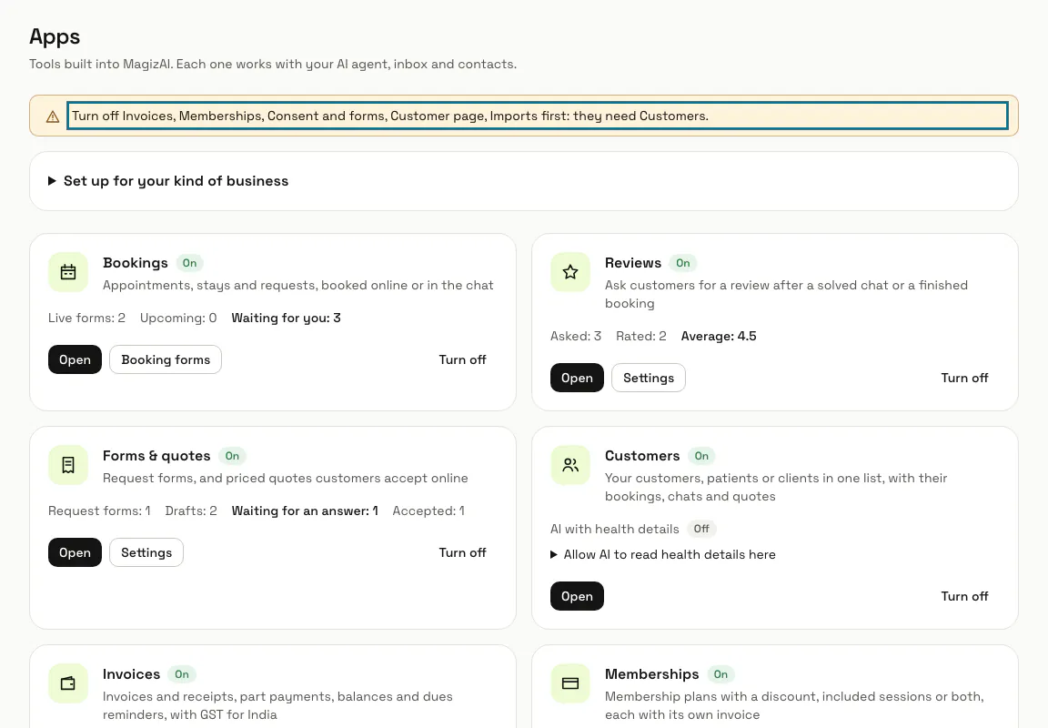 The Apps page with the warning "Turn off ... first: they need Customers." at the top
