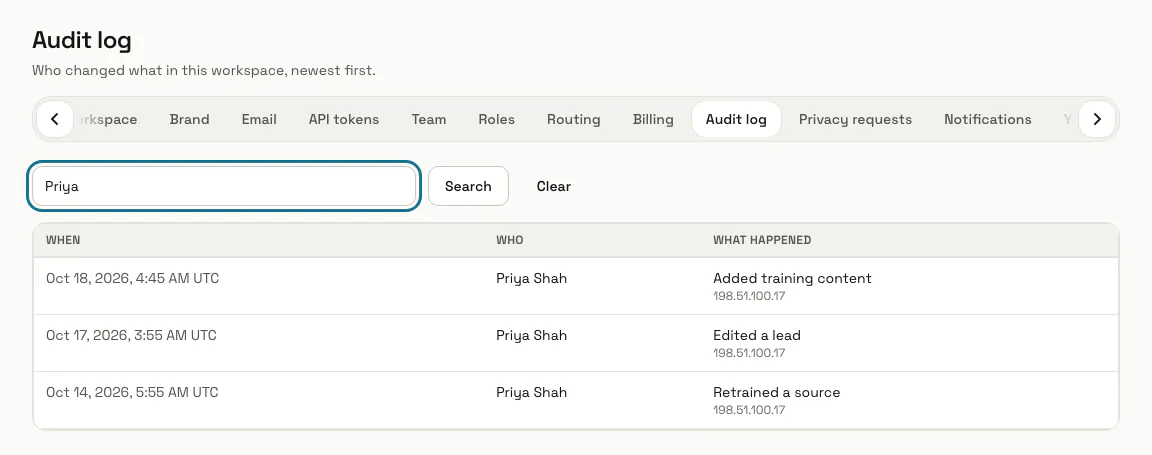 The Audit log searched for Priya, with only her changes listed