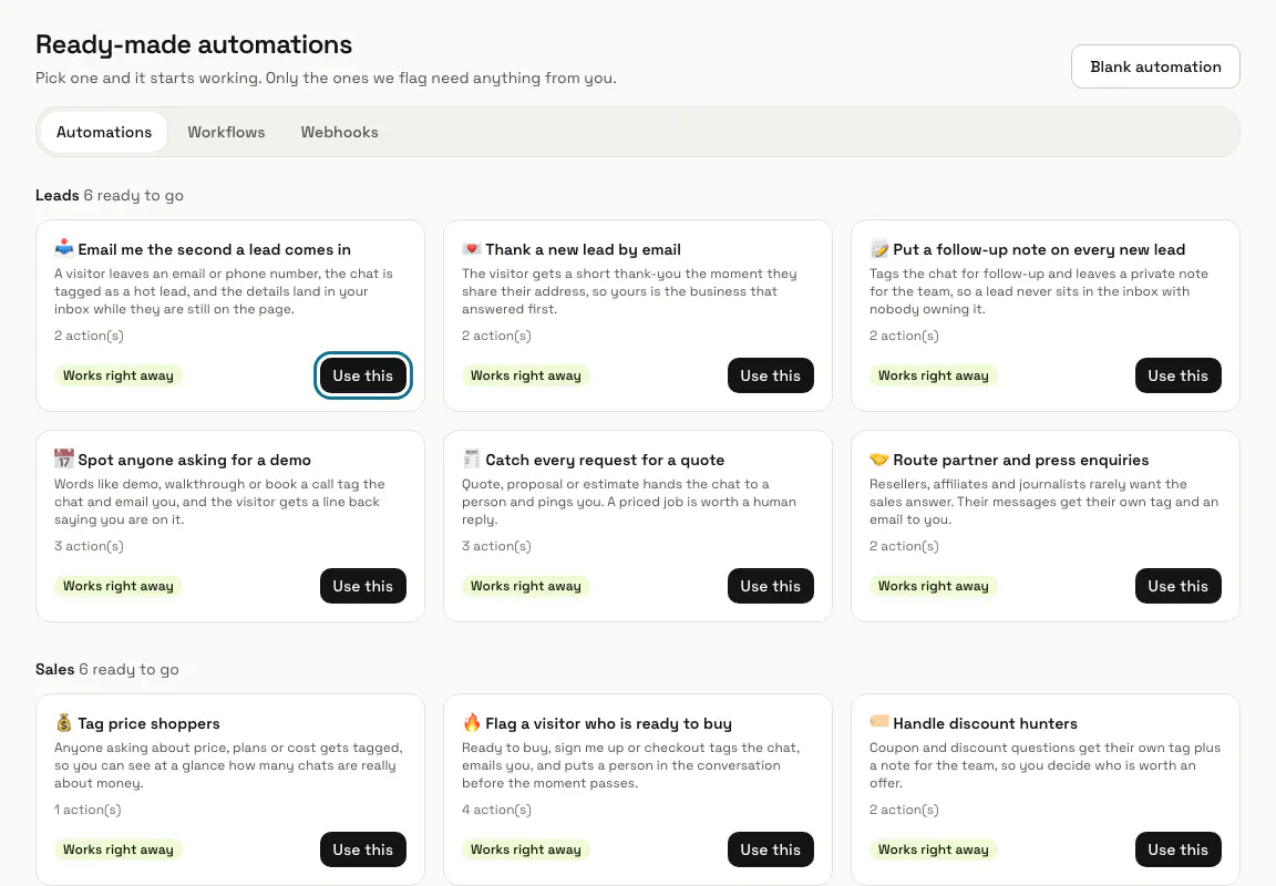 Ready-made automations grouped by category, with the first "Use this" button outlined
