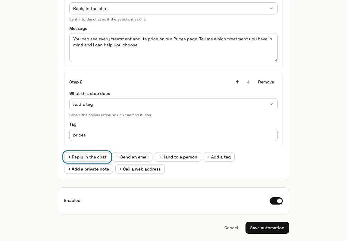 An automation for price questions with a keyword trigger, a condition and two steps, and the "+ Reply in the chat" button outlined