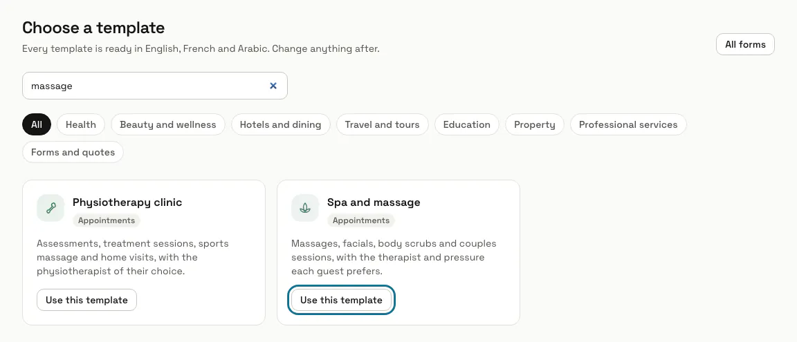 The template gallery searched for "massage", with the "Use this template" button of "Spa and massage" outlined