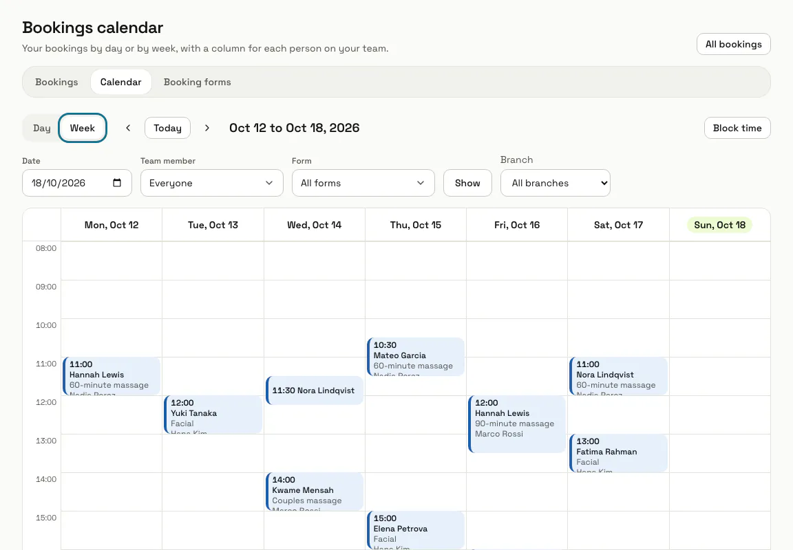 The Bookings calendar in week view with a week of spa appointments, and "Week" outlined