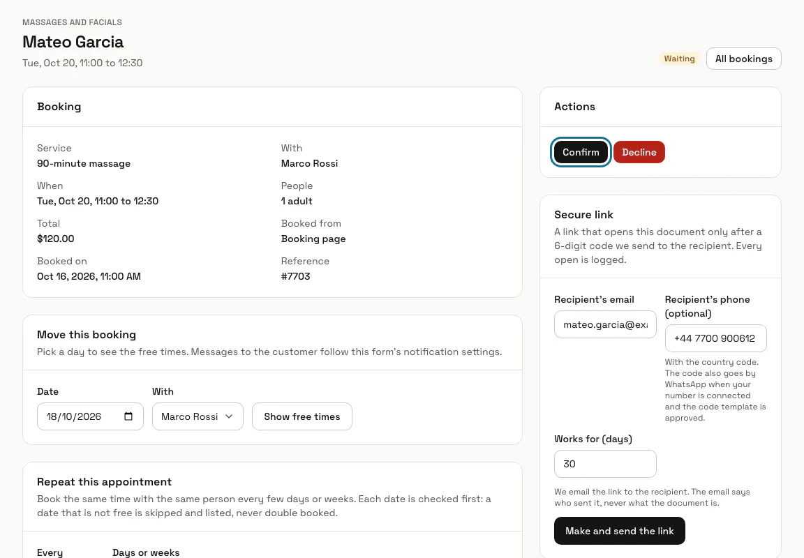 A waiting booking with its details, history and customer, and the "Confirm" button outlined