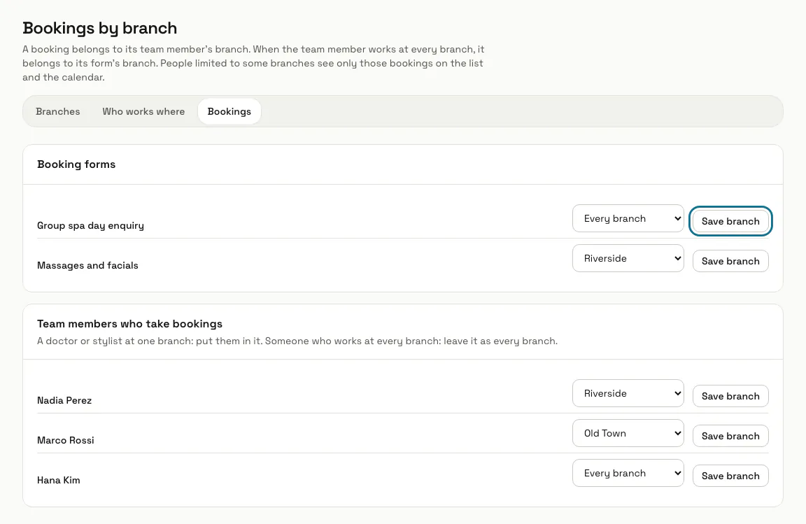 The Bookings by branch tab with the spa's forms and therapists placed in branches, and a "Save branch" button outlined