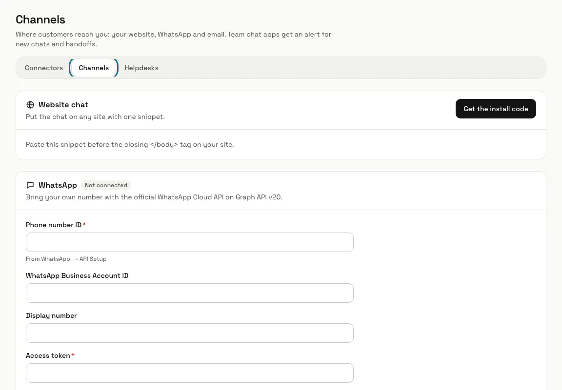The Channels page with the "Channels" tab outlined, and the Website chat and WhatsApp panels below it
