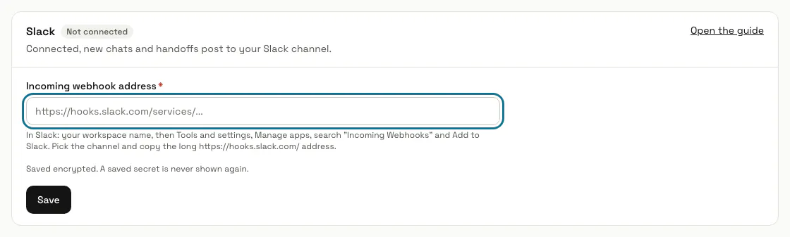 The Slack card on the Channels page, "Not connected", with the "Incoming webhook address" field outlined