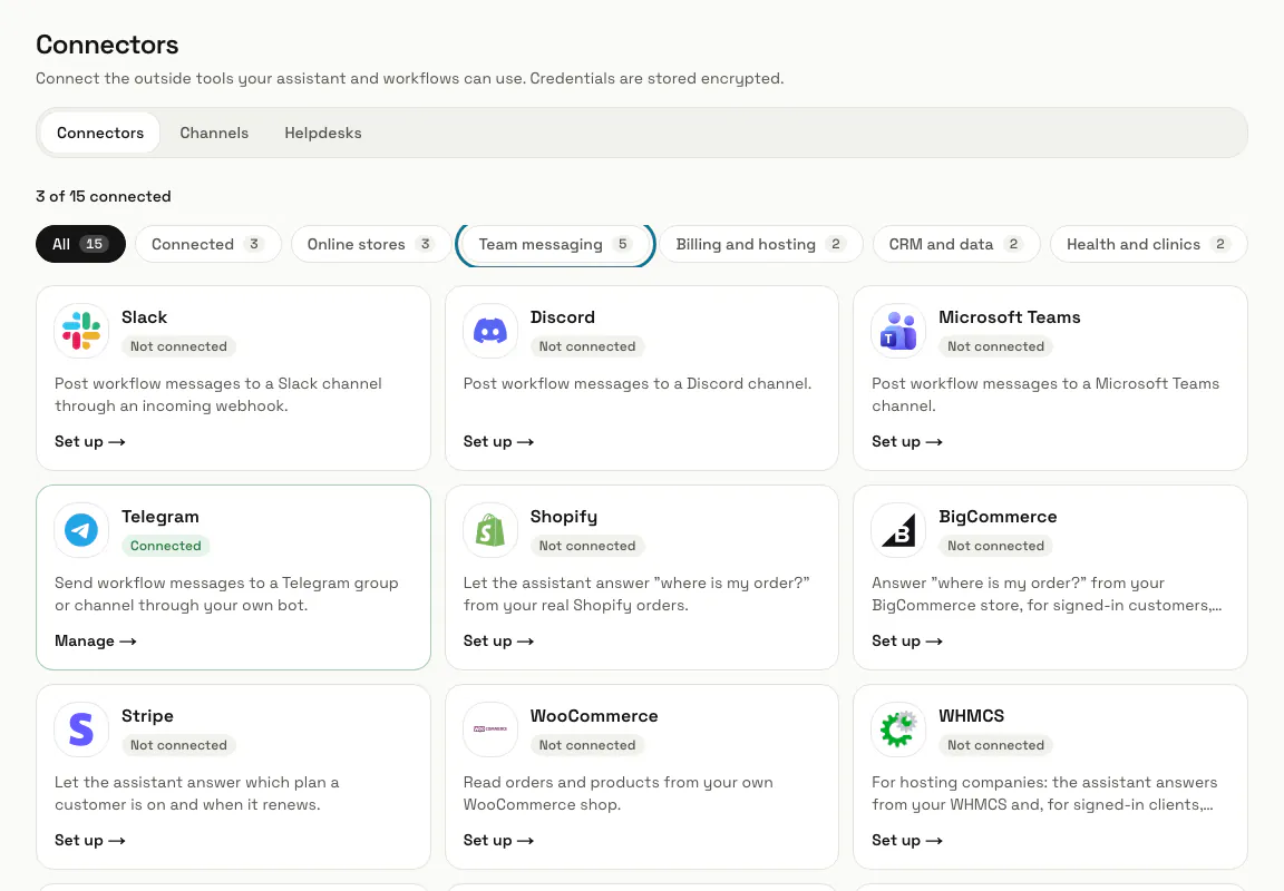 The Connectors page with its group chips and a tile per connector, the "Team messaging" chip outlined