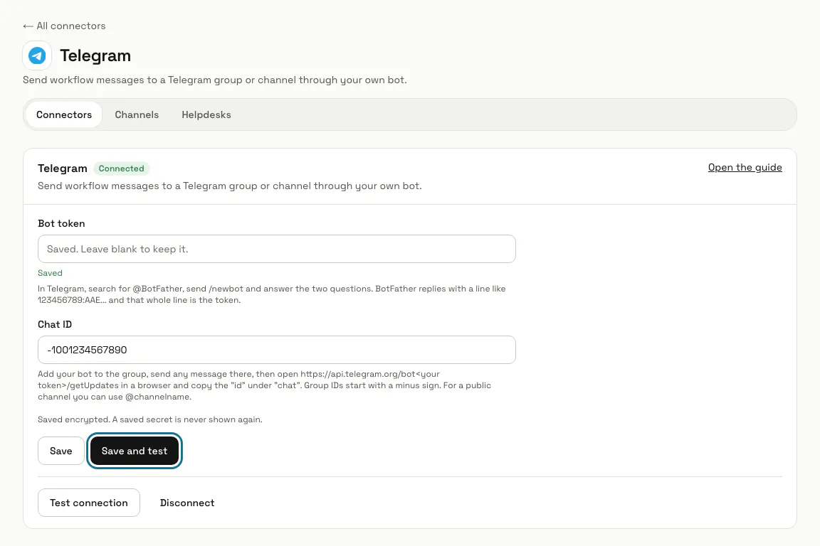 The Telegram connector page with the "Bot token" and "Chat ID" fields and the "Save and test" button outlined