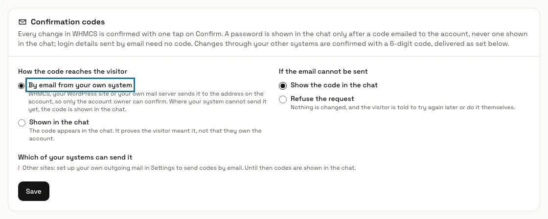 The "Confirmation codes" panel on the Connectors page with "By email from your own system" outlined