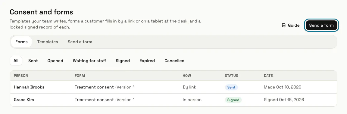 The Forms tab with a signed treatment consent and one sent by link, and the "Send a form" tab outlined