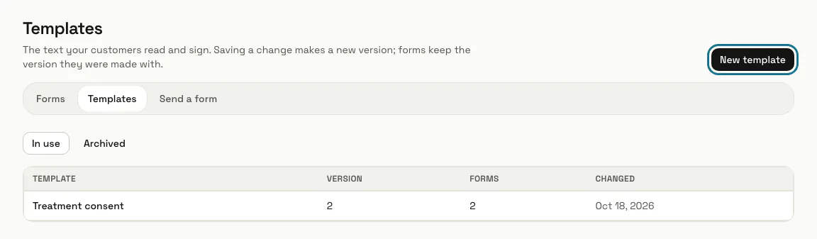 The Templates tab with "Treatment consent" at version 2 and the "New template" button outlined