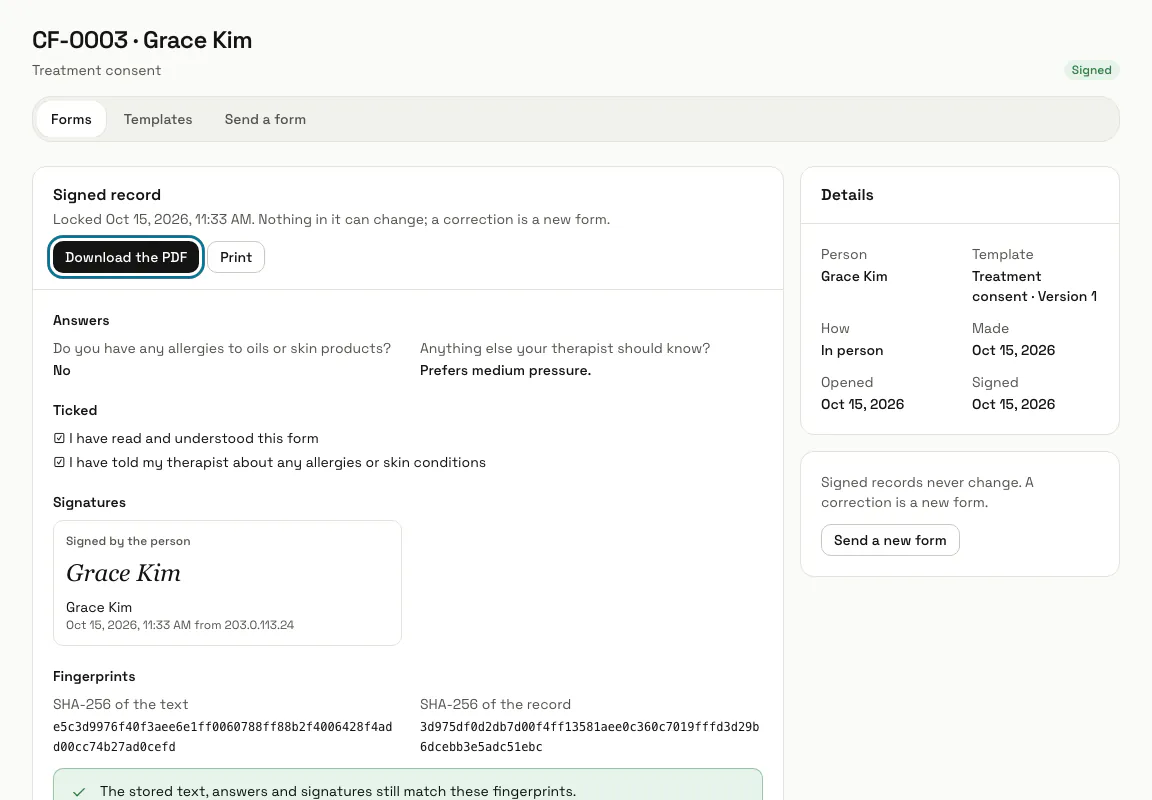 The signed record of Grace Kim's treatment consent with its answers and typed signature, and "Download the PDF" outlined