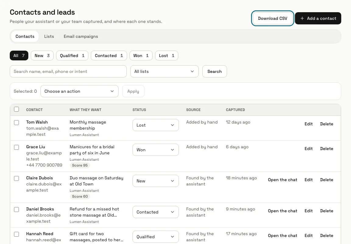 Contacts and leads with captured contacts, their status menus and "Download CSV" outlined