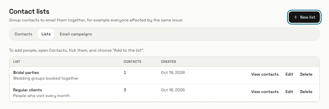 Contact lists with two lists and the "New list" button outlined