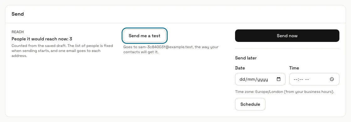 The Send panel of a draft campaign with its reach, "Send me a test" outlined and "Send now" beside it