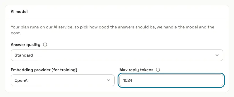 The AI model box on the General tab with "Answer quality", "Embedding provider (for training)" and "Max reply tokens", the last one outlined