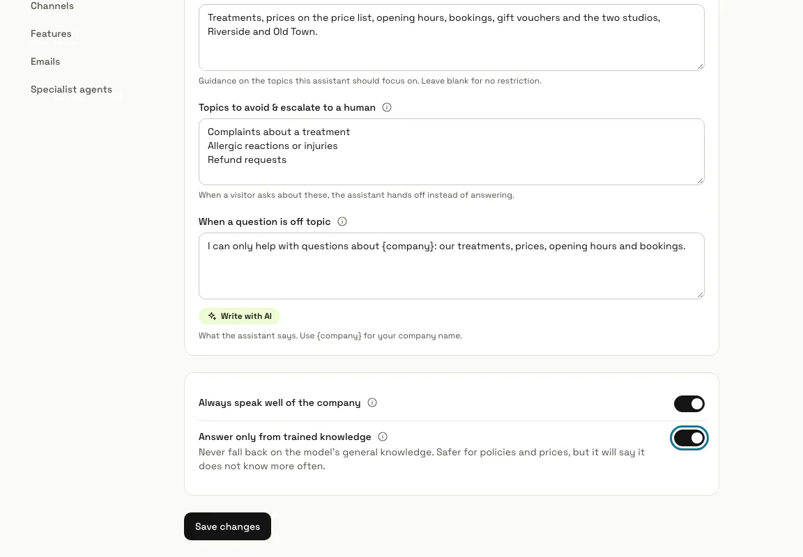 The Guardrails tab with the help, escalation and off-topic boxes filled in, and the "Answer only from trained knowledge" switch on and outlined