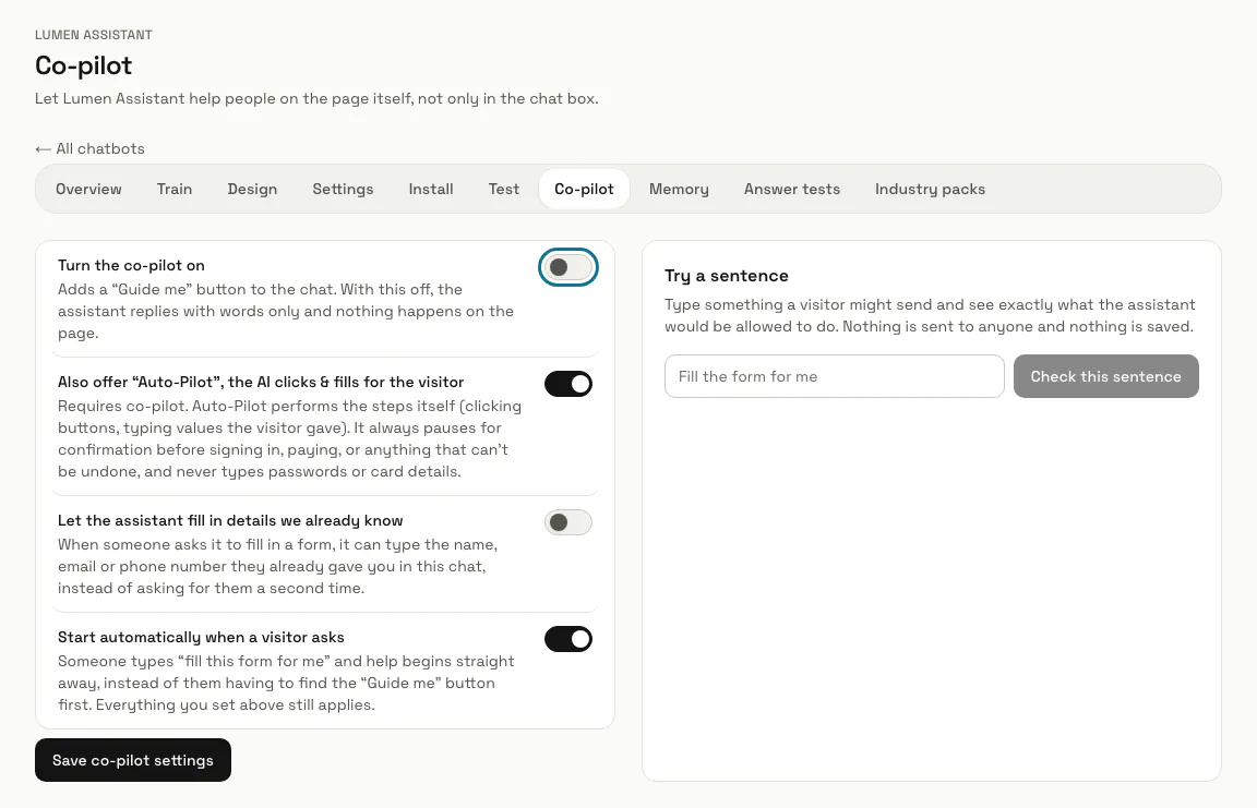 The Co-pilot page with its four switches, "Turn the co-pilot on" off and outlined, and the "Try a sentence" box beside them