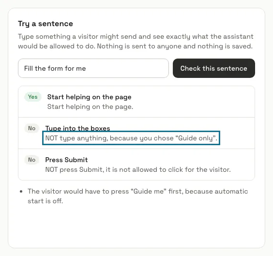 The Try a sentence result for "Fill the form for me" in Guide only: it would start helping on the page but not type or press Submit, with the Guide only line outlined