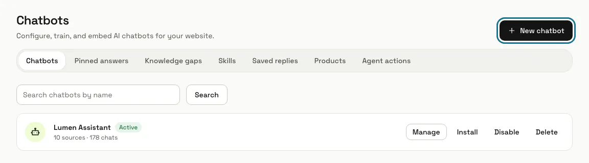 The Chatbots list with Lumen Assistant marked Active and the "New chatbot" button outlined