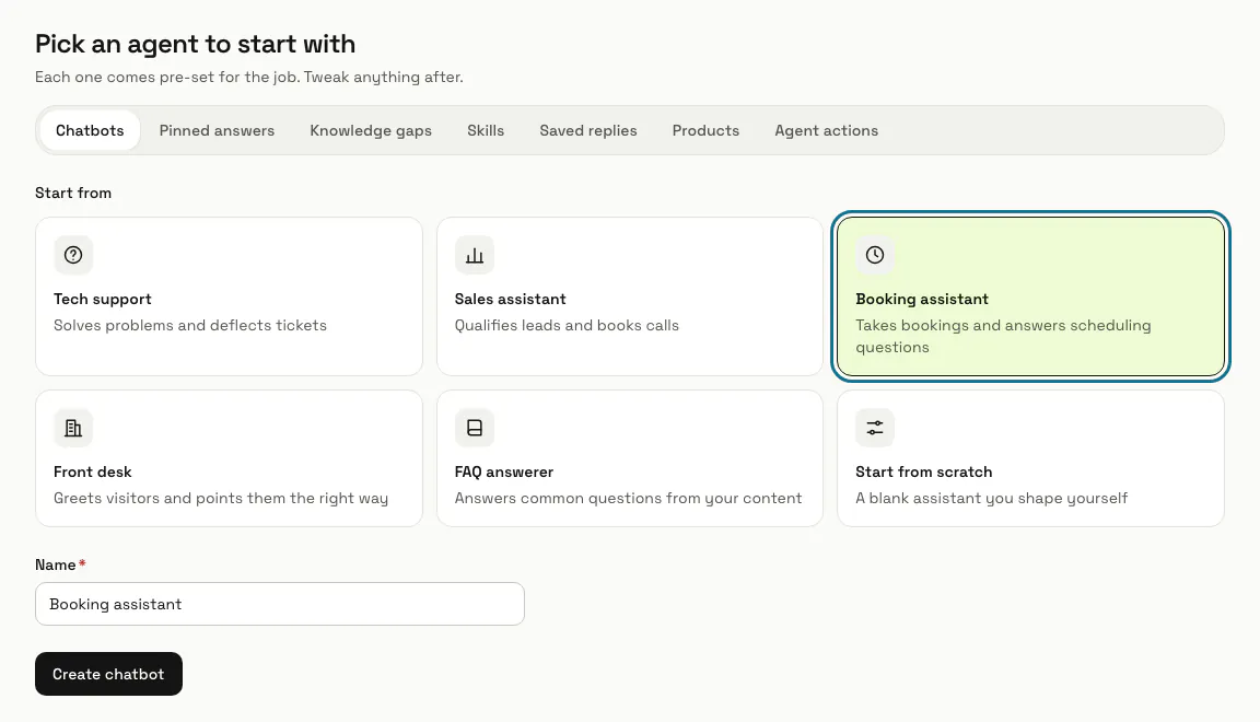 The "Pick an agent to start with" page with the Booking assistant card selected and its name filled in