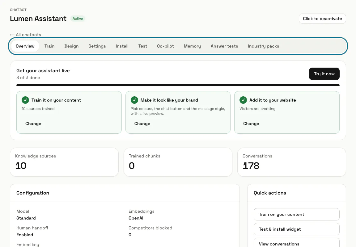 A chatbot overview with the three "Get your assistant live" steps and the row of chatbot tabs outlined