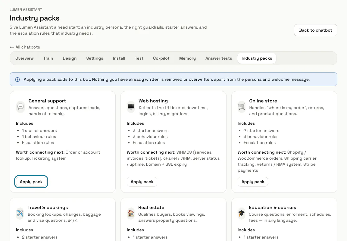 The Industry packs page with a card per industry and the first "Apply pack" button outlined