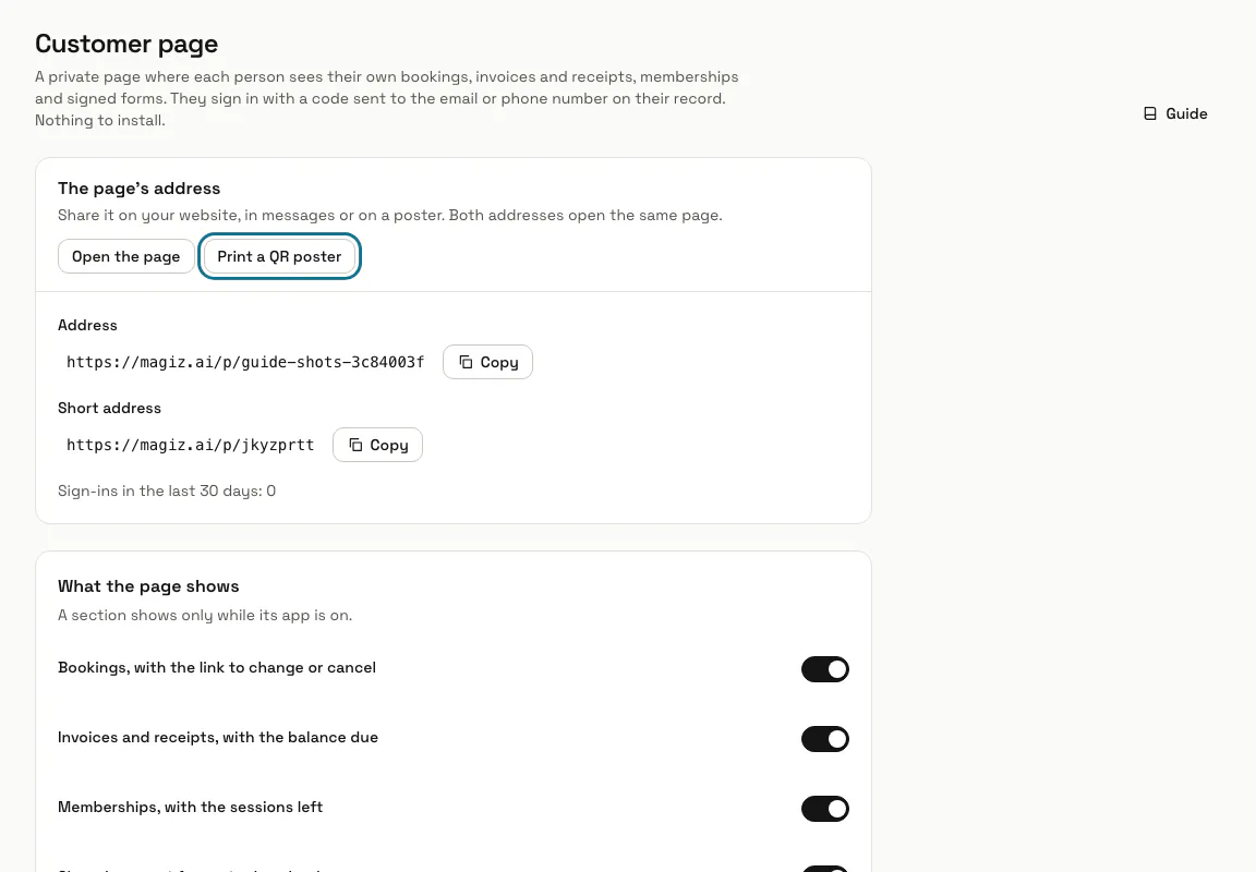 The Customer page screen with its two addresses and the "Print a QR poster" button outlined