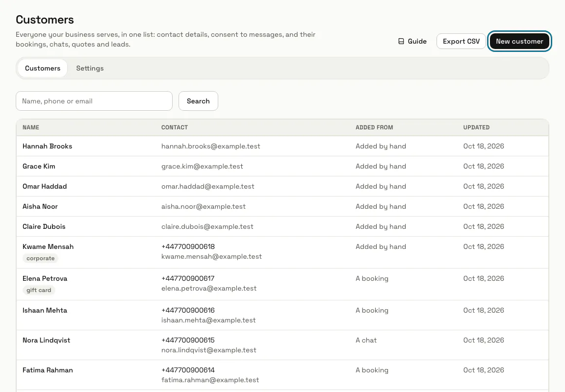 The Customers list with a dozen people, where each came from, and the "New customer" button outlined