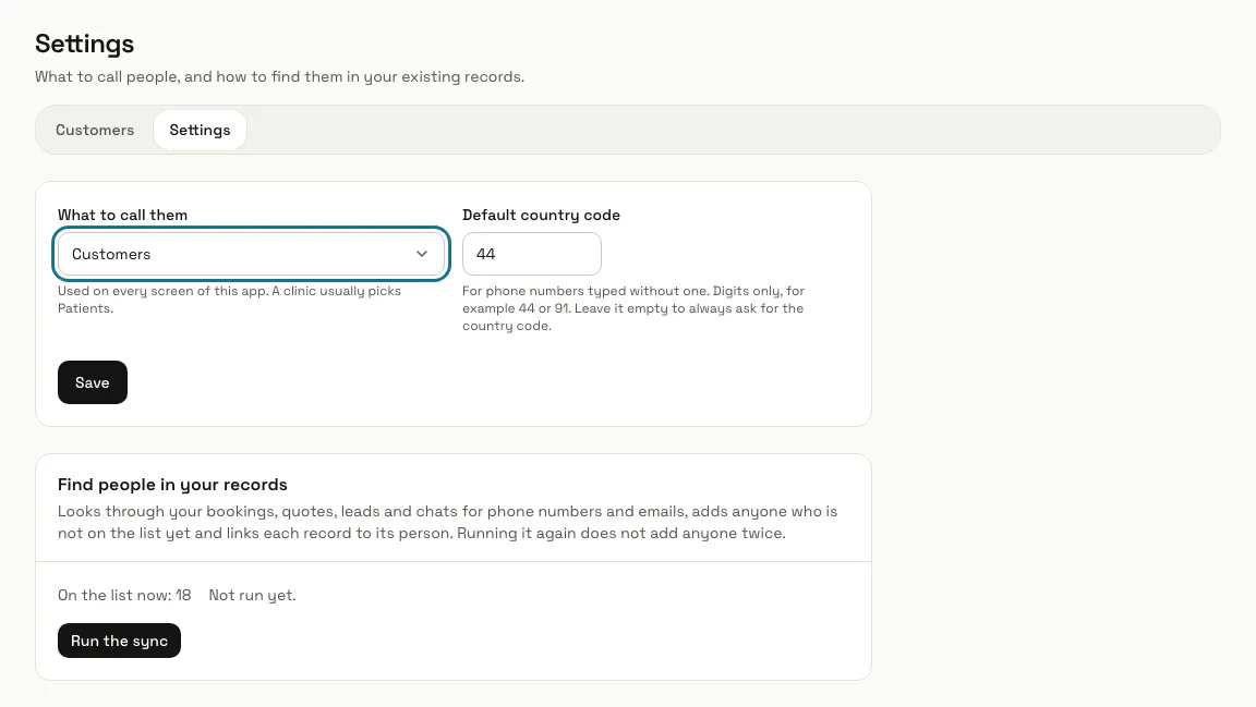 The Customers settings with "What to call them", "Default country code" and the sync panel, and "What to call them" outlined