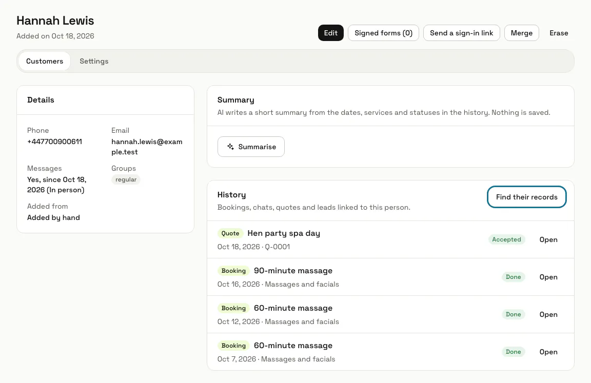 A customer's page with Details, Summary and a History of bookings and a quote, and "Find their records" outlined