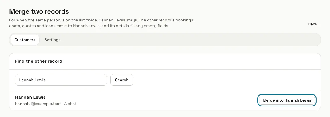 The Merge two records page with a duplicate found by name, and its "Merge into" button outlined