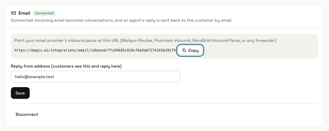 The Email panel on the Channels page, "Connected", with the inbound address and its "Copy" button outlined