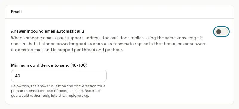 The Email section of a chatbot's Channels tab with the "Answer inbound email automatically" switch outlined