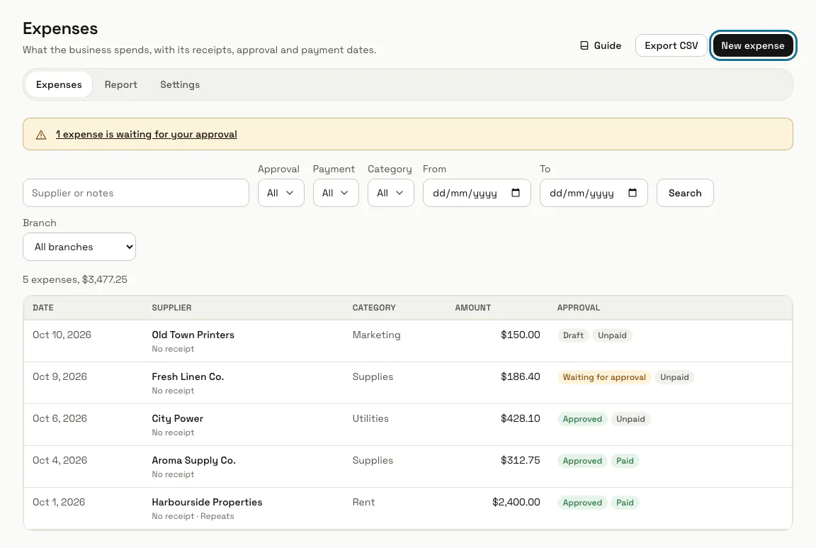 The Expenses list with five expenses, one waiting for approval, and the "New expense" button outlined