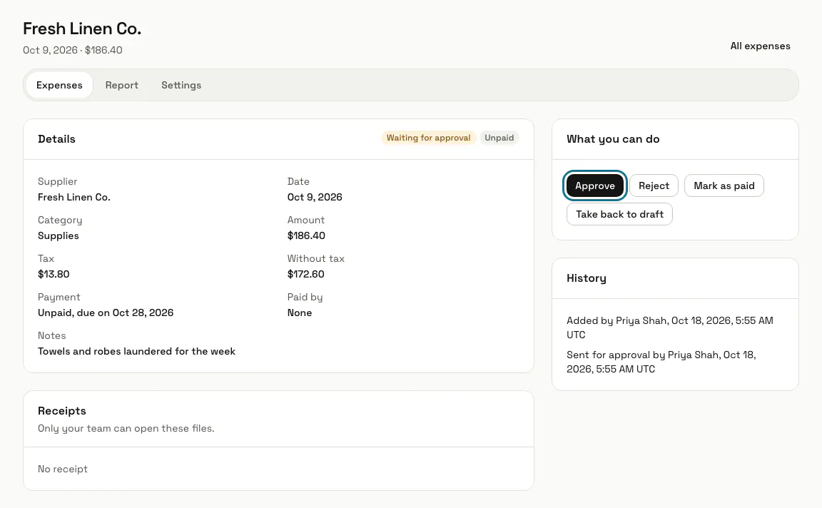 A linen service expense added by Priya and waiting for approval, with the "Approve" button outlined