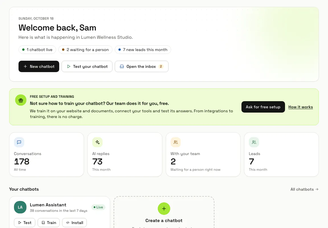 Home with its three buttons, the key numbers and the Lumen Assistant chatbot card